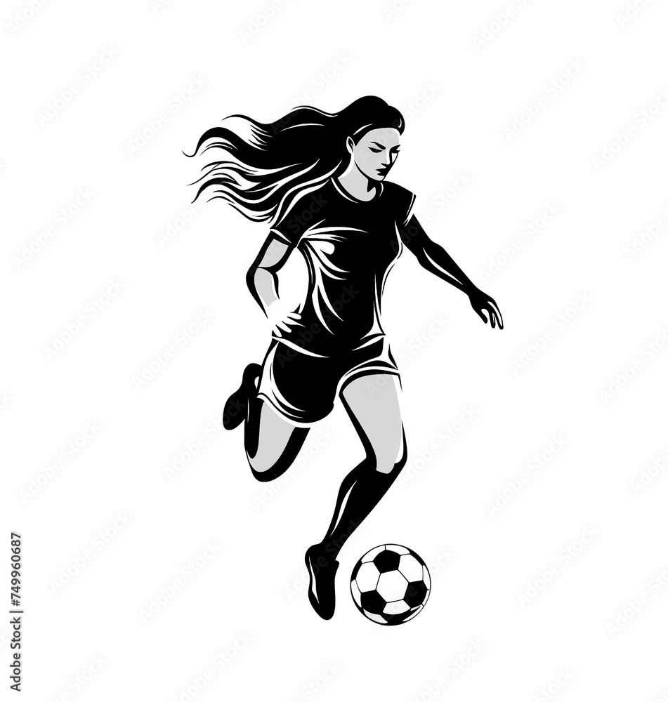 female athlete football Black and white female football player logo, white background.