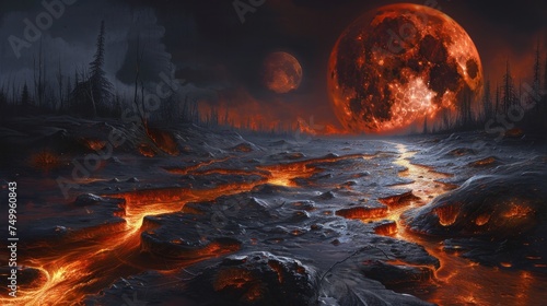 An apocalyptic scene showcasing streams of molten lava winding through a charred forest under a large, ominous red moon.