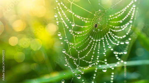 Capture the intricate symmetry of a spider's web adorned with dewdrops © Be Naturally