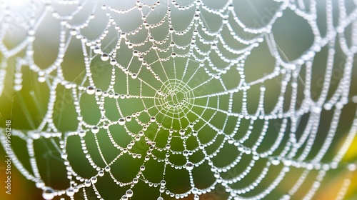 Capture the intricate symmetry of a spider's web adorned with dewdrops