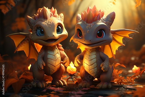 Cheerful dragons smiling and collecting fresh mushrooms in the enchanting autumn forest setting © Александр Сергиенко