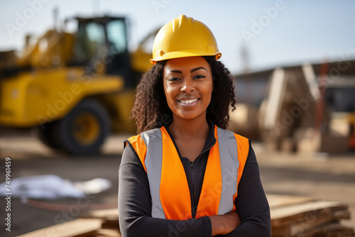 a smiling black female construction foreman/worker in a front view in a horizontal layout, in a Building-themed, photorealistic illustration in JPG. Generative ai