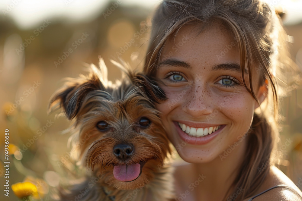 Happy Girl with Her Yorkshire Terrier Enjoying the Outdoors Happy Girl with Her Yorkshire Terrier Enjoying the Outdoors