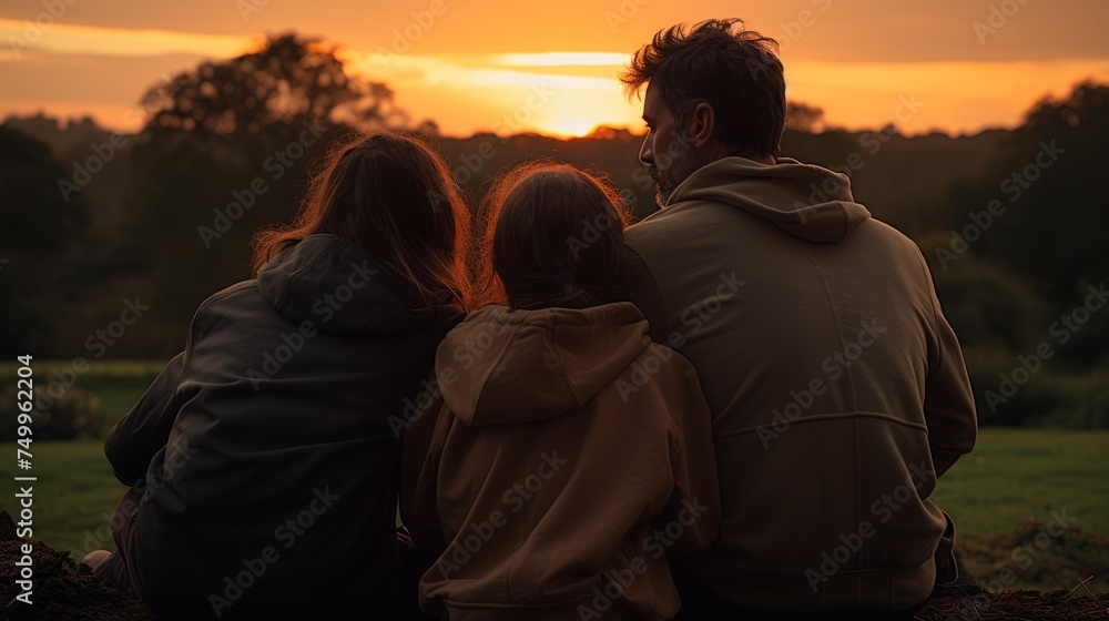 Man and Two Women Sitting on a Bench Watching the Sunset