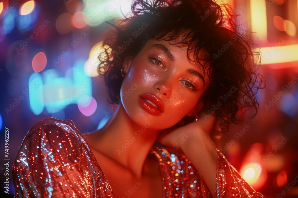 Glamorous Young Woman in Sequin Dress Posing in Vibrant Neon Lights, Portrait of Fashionable Female with Elegant Makeup