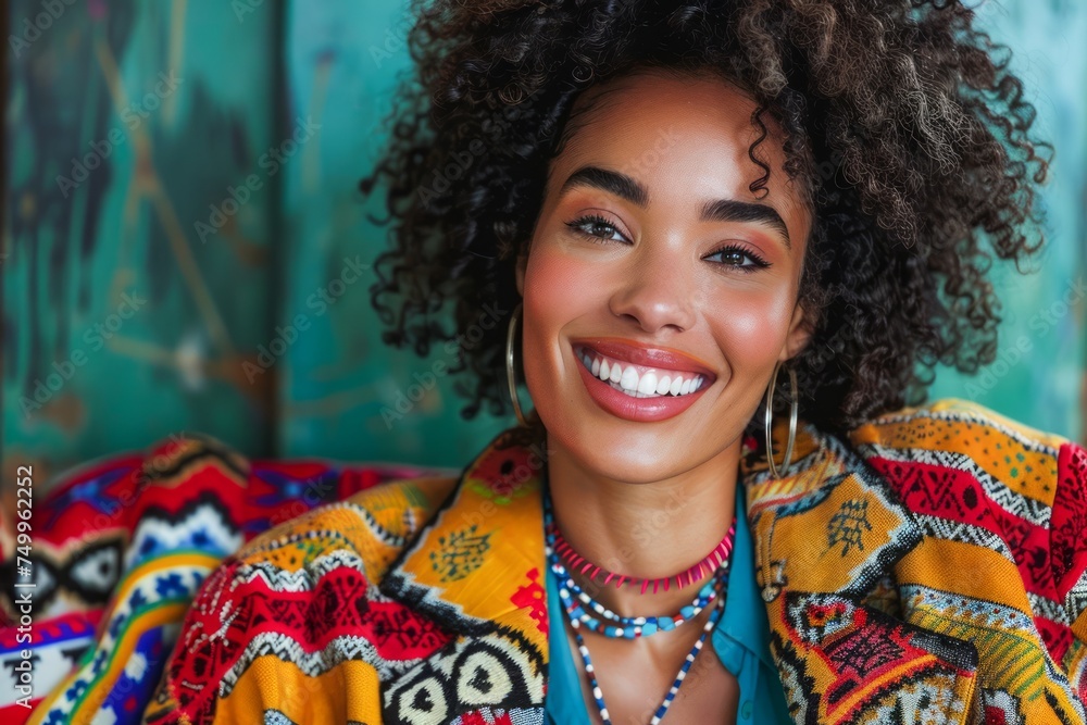 Radiant Young Woman with Curly Hair Wearing Colorful Ethnic Attire and Jewelry Smiling Against Artistic Background Radiant Young Woman with Curly Hair Wearing Colorful Ethnic Attire and Jewelry Smiling Against Artistic Background