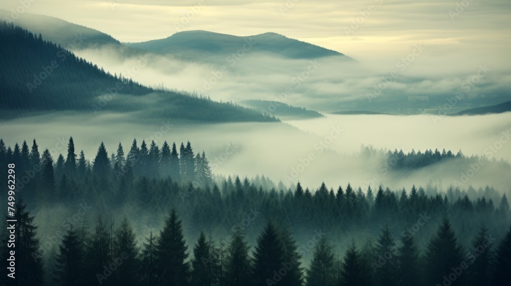 Obraz premium Enveloped in Fog: Dense Forest With Trees