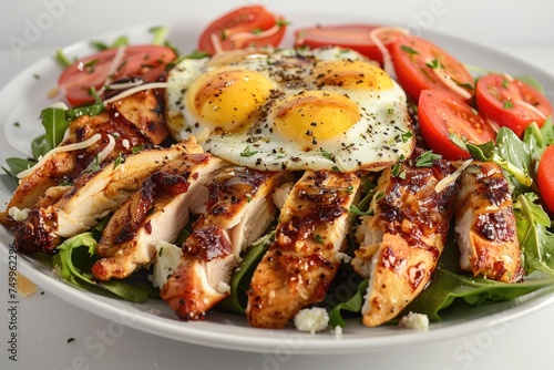 Grilled chicken breast with sunny-side-up eggs on arugula salad garnished with tomatoes. Close-up shot for a healthy protein-rich meal concept. Design for cookbook, food blog, restaurant menu