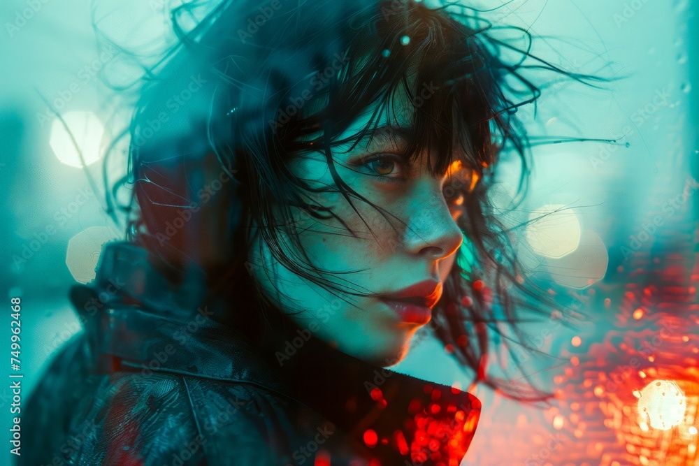 Intense Female Gaze Through Rain-Dropped Glass with Vivid Red and Blue Bokeh Backlighting Intense Female Gaze Through Rain-Dropped Glass with Vivid Red and Blue Bokeh Backlighting