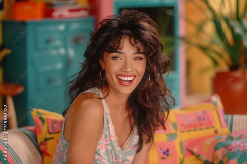 Radiant Young Woman with Brilliant Smile Posing in a Vibrant Retro Living Room Setting, Exuding Joy and Style Radiant Young Woman with Brilliant Smile Posing in a Vibrant Retro Living Room Setting, Exuding Joy and Style