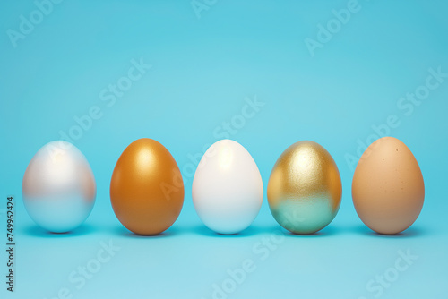 Row of coloured golden eggs on pastel blue background, copy space.