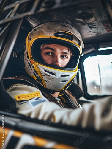 A racing car driver wearing a white and yellow helmet sits focused inside a vehicle, with a glimpse of the car's roll cage and interior details visible
