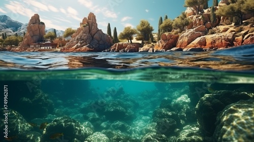 Underwater View of Rocky Beach With Trees and Rocks