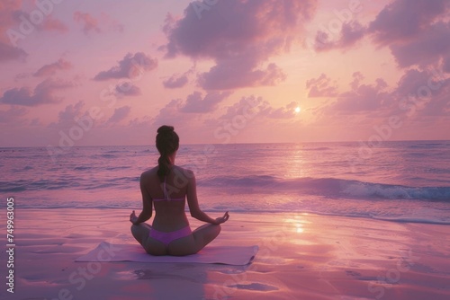 A modern and health conscious woman practicing yoga on a serene beach at sunrise. © ant