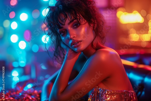 Glamorous Woman with Sparkling Dress Under Neon Lights Posing Elegantly in a Nightclub Atmosphere