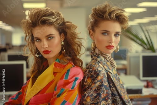 Glamorous Fashion Models in Vintage Style Office Attire Posing at Workplace
