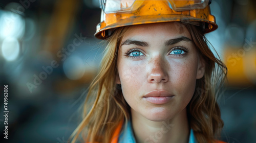 Female Engineer with Helmet Reviewing Construction Plans