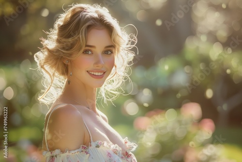 Radiant Young Woman Smiling in Serene Garden Setting with Golden Hour Sunlight
