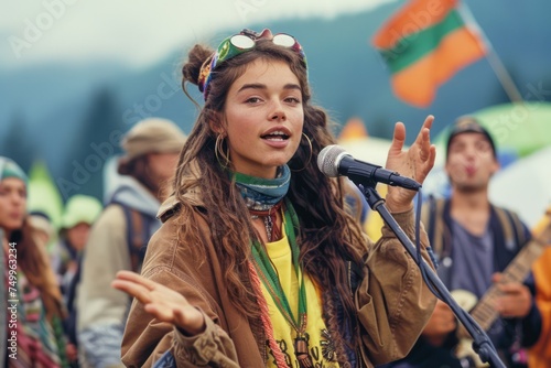 Young Woman Singing at Outdoor Music Festival with Audience in Background, Bohemian Style, Live Performance