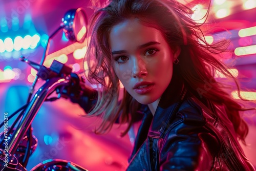 Vibrant Portrait of a Young Woman in Leather Jacket with Neon Lights and Motorcycle in Urban Setting