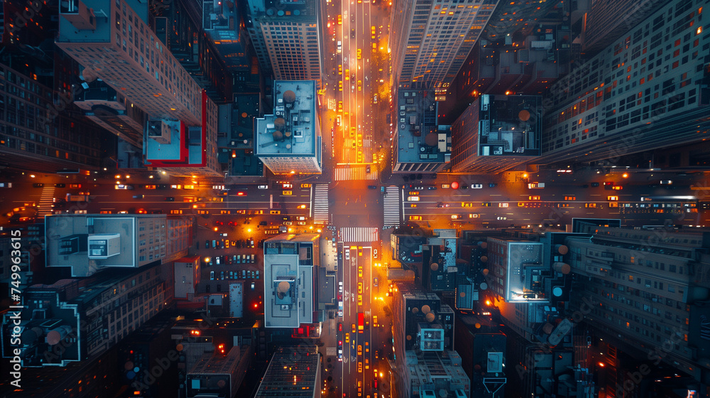 city skyline at night, High angle view of the building at night