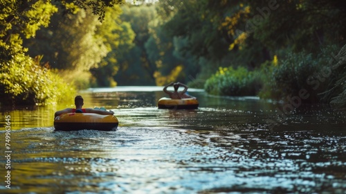 A pair of friends lazily drifting down a calm river on inner tubes, the only sound the gentle lapping of water against rubber photo