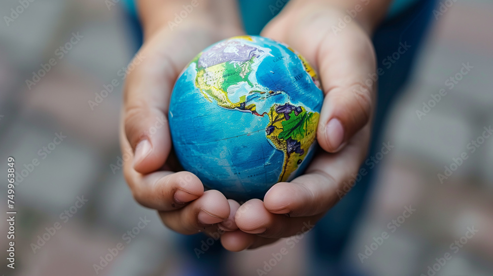 the little globe is held gently by children's hands. the little globe is held gently by children's hands.