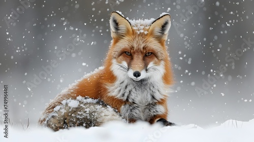 Red Fox Sitting in Snow Covered Forest