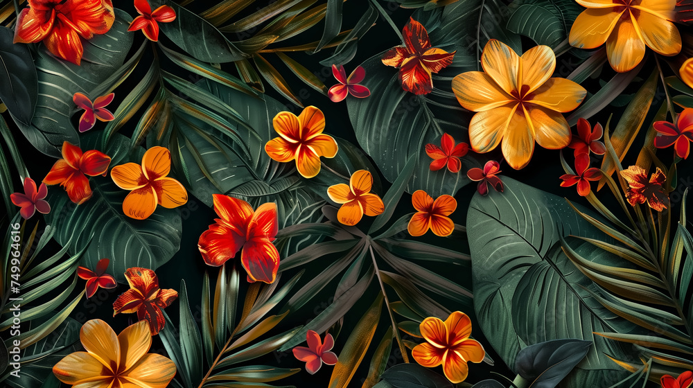 Exotic floral pattern wallpaper texture - obrazy, fototapety, plakaty 