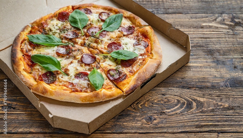 pizza in open carton box on natural wooden table high angle view with copy space