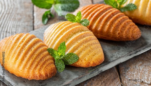 french traditional madeleine biscuits with 4 type of madeleines food concept background photo