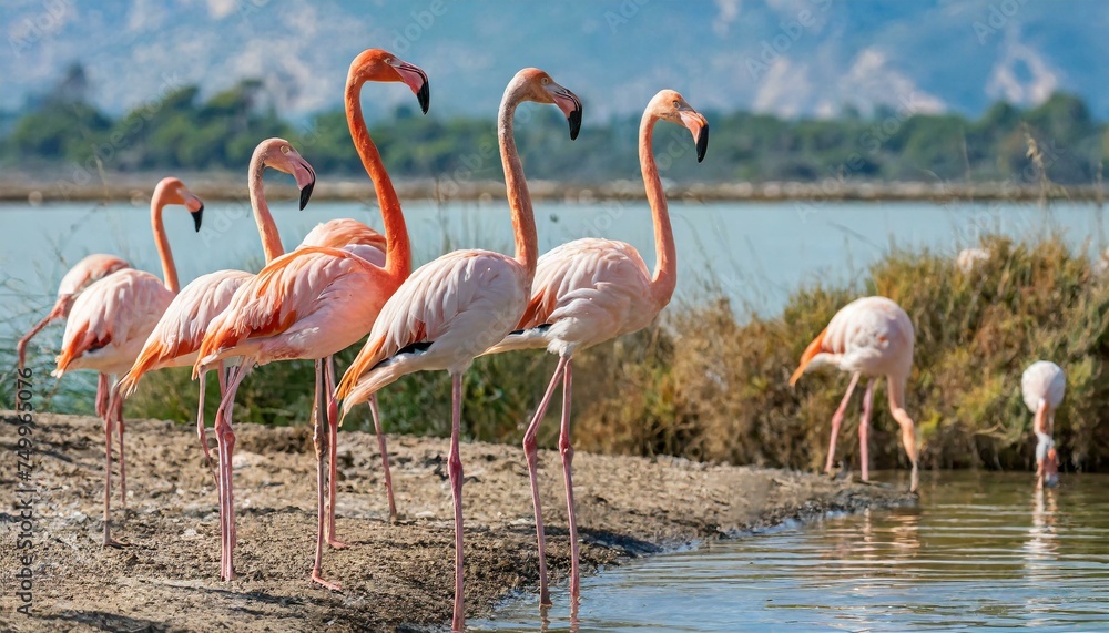 Groupe de flamants roses élancés se pavanant au bord du lac. Groupe de flamants roses élancés se pavanant au bord du lac.