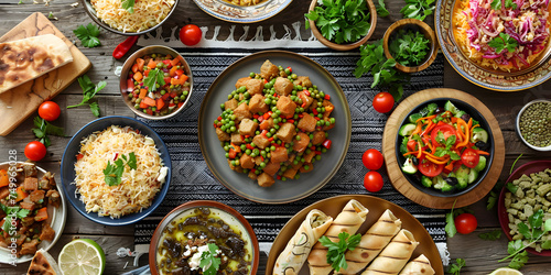  A lot of food on wooden table , Middle Eastern Suhoor or Iftar meal for Muslim Ramadan month and Eid festive celebration background and wallpaper 