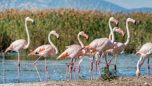 Groupe de flamants roses élancés se pavanant au bord du lac.