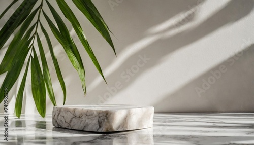 luxury marble table with plant shadow on white wall and stone podium for product placement display trendy neutral aesthetic mockup template for beauty and cosmetics scene