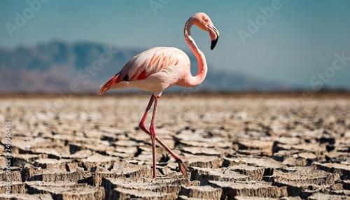 pink wild flamingo in severe drought desert