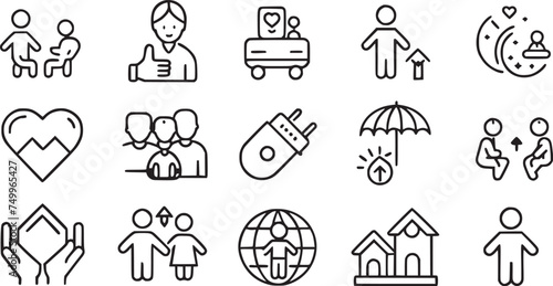  Care, awareness, safety, support, parenthood, Child care icons set vector collections. 