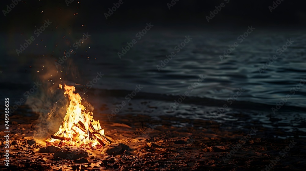 Beach bonfire with friends gathered around, with copy space