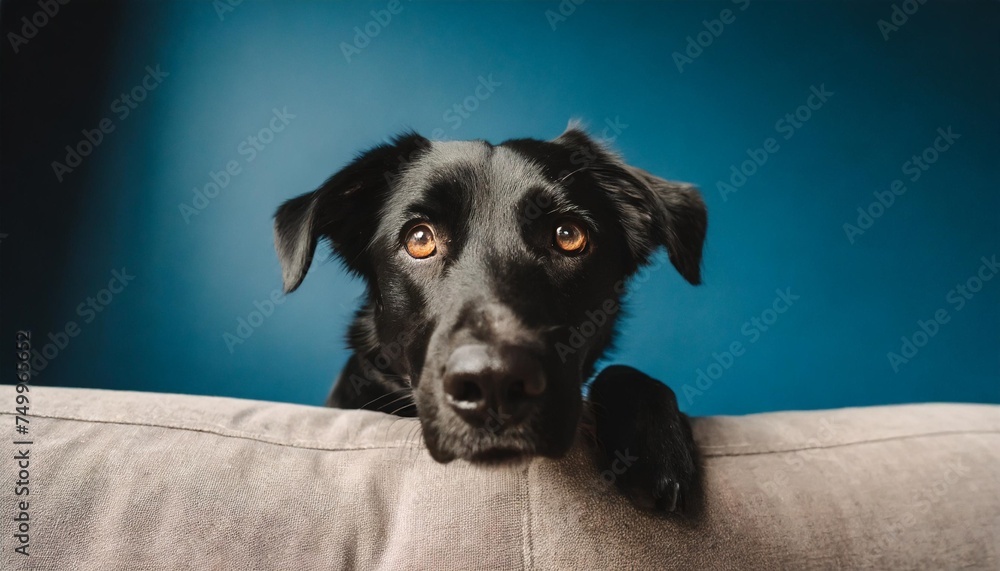 black dog headshot hiding behind a sofa looking at camera with sadness and fear against dark blue minimal background with copy space