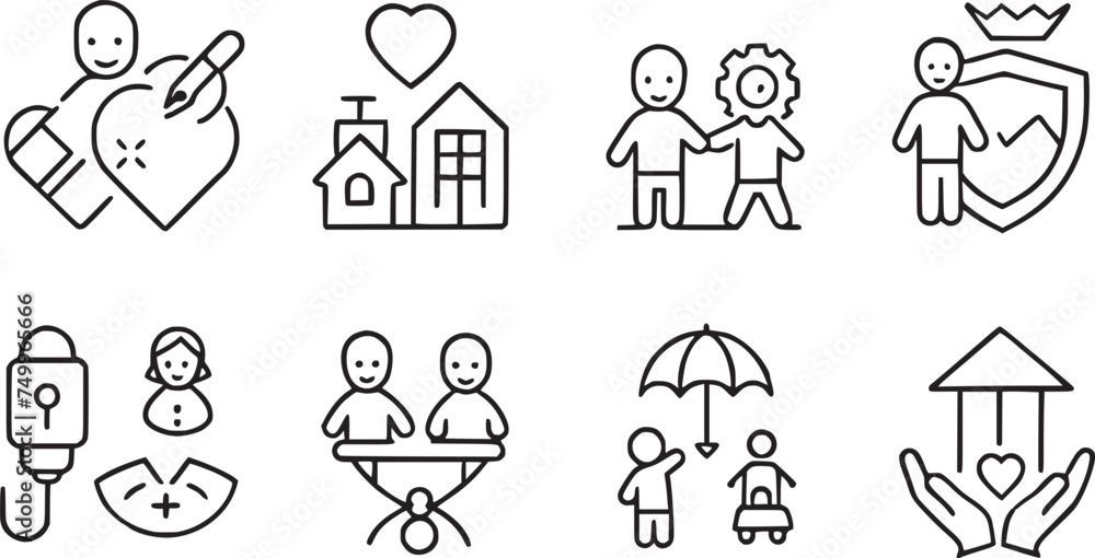  Care, awareness, safety, support, parenthood, Child care icons set vector collections. 