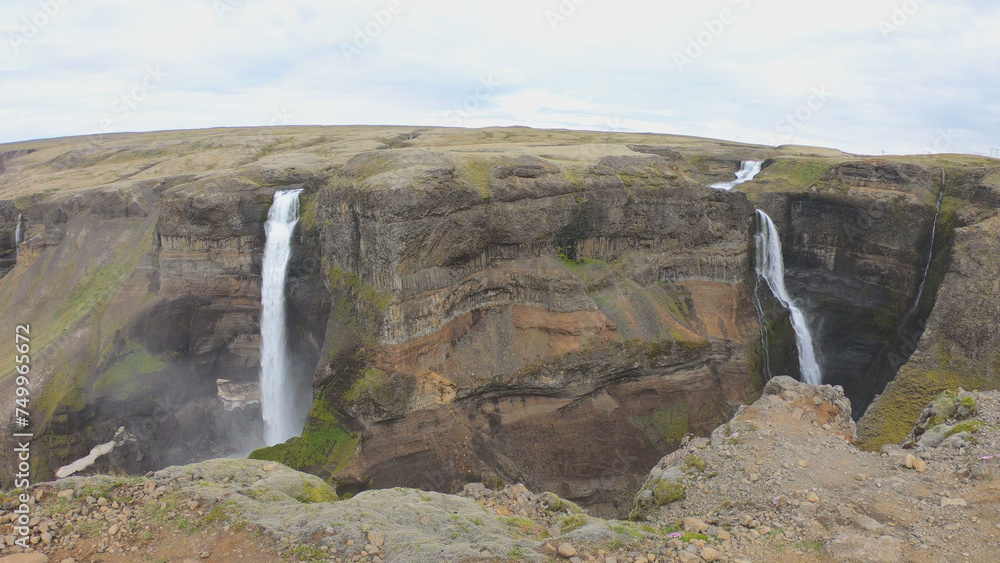 Haifoss and its neighbour Granni. Háifoss, or the 'High Waterfall', is a waterfall in Fossárdalur valley, innermost of Þjórsárdalur valley, in South Iceland.