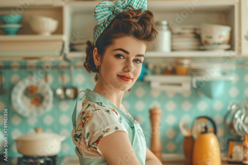 Portrait of an attractive housewife at the kitchen, retro life style photo