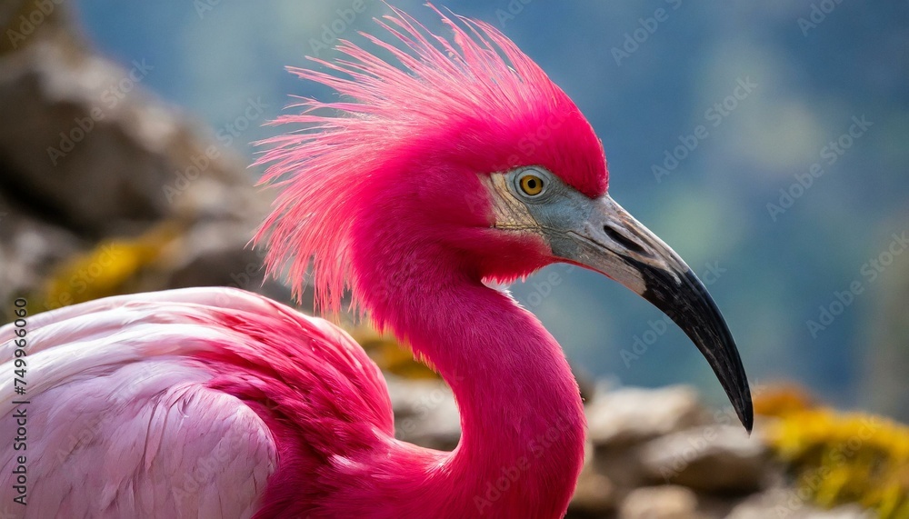 Naklejka premium Plumage rose vif contrastant avec les couleurs vives du paysage