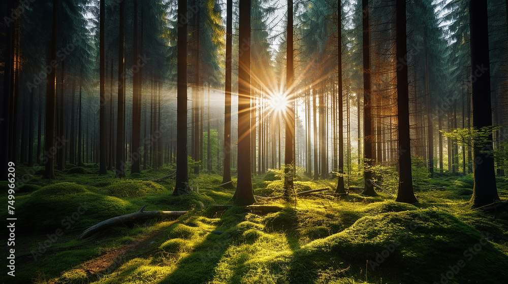 Sun shining accomplanied by trees background. Rays of sunlight in the spruce forest