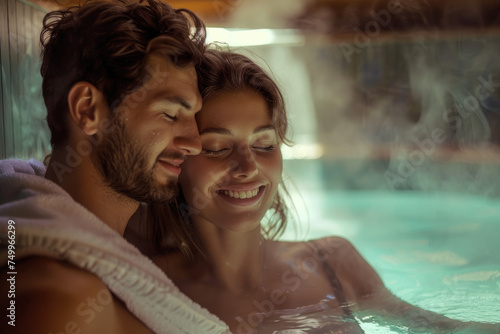 Embraced couple in love enjoying in sauna