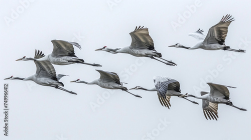 A flock of cranes on a white background