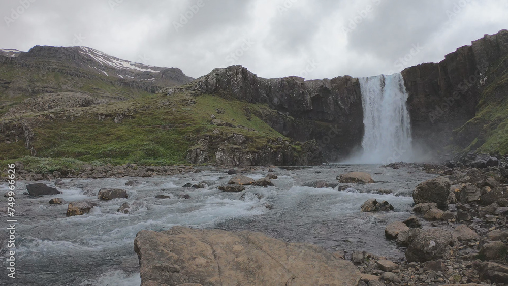 The Gufufoss waterfall is the largest in Seydisfjordur fjord, located in the beautiful East Fjords of East Iceland. Gufufoss is the largest of the many waterfalls upslope of Seydisfjordur.
