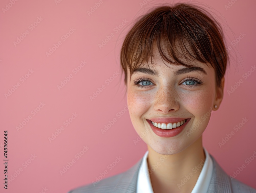 happy smiling or laughing American female office worker with very short hair on professional background