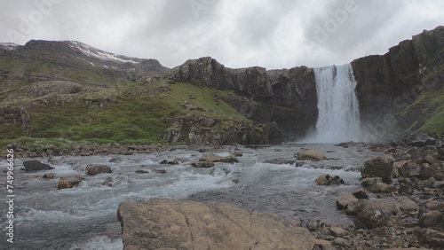 Obraz na płótnie The Gufufoss waterfall is the largest in Seydisfjordur fjord, located in the beautiful East Fjords of East Iceland. Gufufoss is the largest of the many waterfalls upslope of Seydisfjordur. w salonie