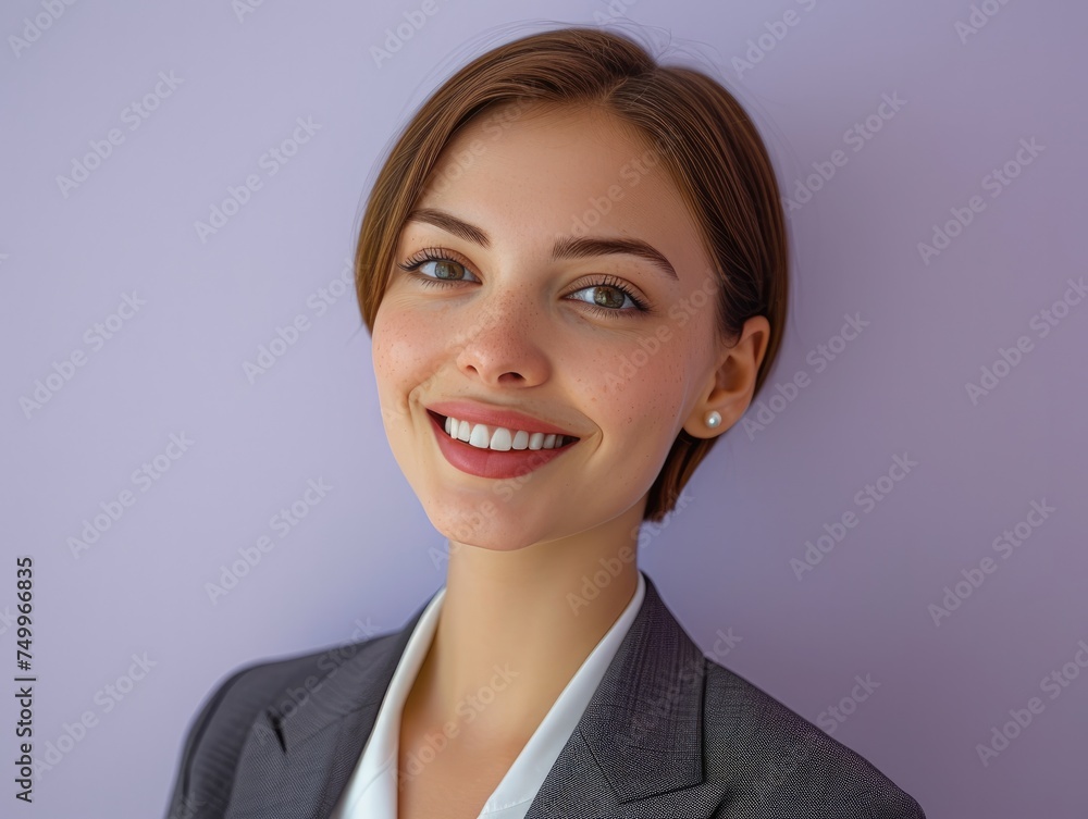 happy smiling or laughing American female office worker with very short hair on professional background happy smiling or laughing American female office worker with very short hair on professional background